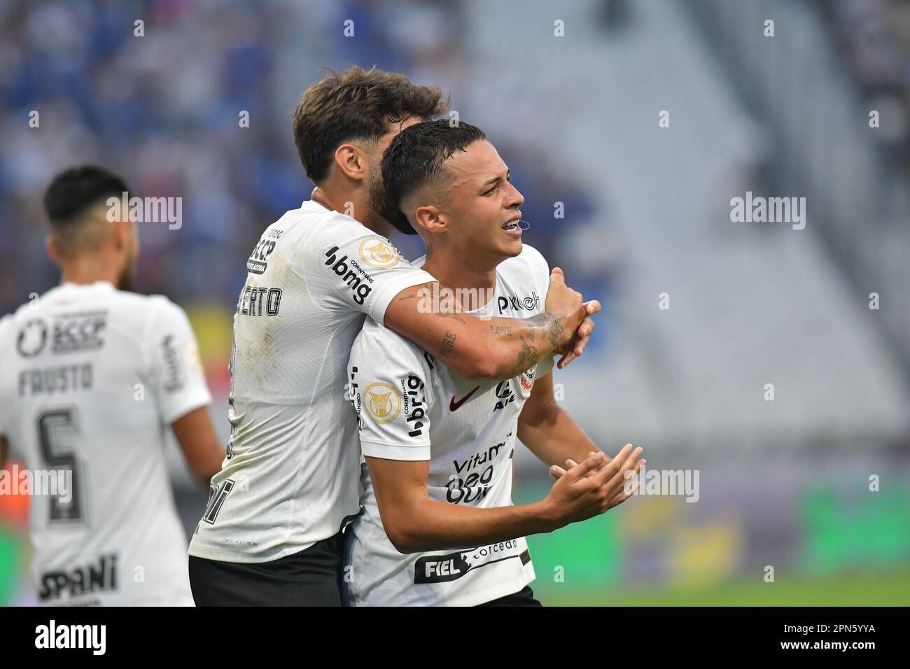 Montevideo, Uruguay, 06th Apr, 2023. Gaston Martirena of Liverpool battles  for possession with Yuri Alberto of Corinthians, during the match between  Liverpool and Corinthians for the 1st round of Group E of