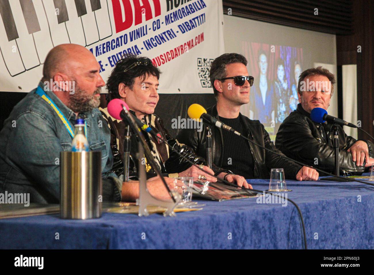 Second day of the 37th edition of Musicday - Vinyl Fair at the Hotel Mercury in Rome. The presentation of the reissue of Armando Trovajoli's album 'In the Name of the Lord' took part. Guests at the photocall: Mariapaola Trovajoli, Franco Bixio, Dario Salvatori, Maurizio Abeni, Fabio Frizzi, Massimo Buffa, Claudio Fuiano. Moderator Renato Marengo. In the afternoon presentation of Irene Grandi's record with signature/copies, 'Io in Blues'. Following the presentation with the Venus of Disgrace of the CD 'Dancefloor Nostalgia': The day ends with the absolute preview of 'Lemures', the new CD of the Stock Photo