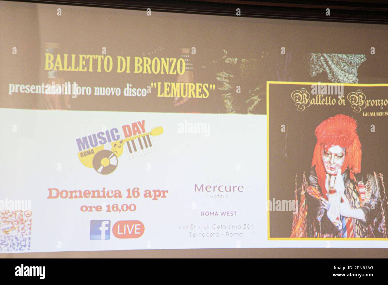 April 16, 2023, Rome, Lazio, Italy: Second day of the 37th edition of Musicday - Vinyl Fair at the Hotel Mercury in Rome. The presentation of the reissue of Armando Trovajoli's album ''In the Name of the Lord'' took part. Guests at the photocall: Mariapaola Trovajoli, Franco Bixio, Dario Salvatori, Maurizio Abeni, Fabio Frizzi, Massimo Buffa, Claudio Fuiano. Moderator Renato Marengo. In the afternoon presentation of Irene Grandi's record with signature/copies, ''Io in Blues''. Following the presentation with the Venus of Disgrace of the CD ''Dancefloor Nostalgia'': The day ends with the absolu Stock Photo