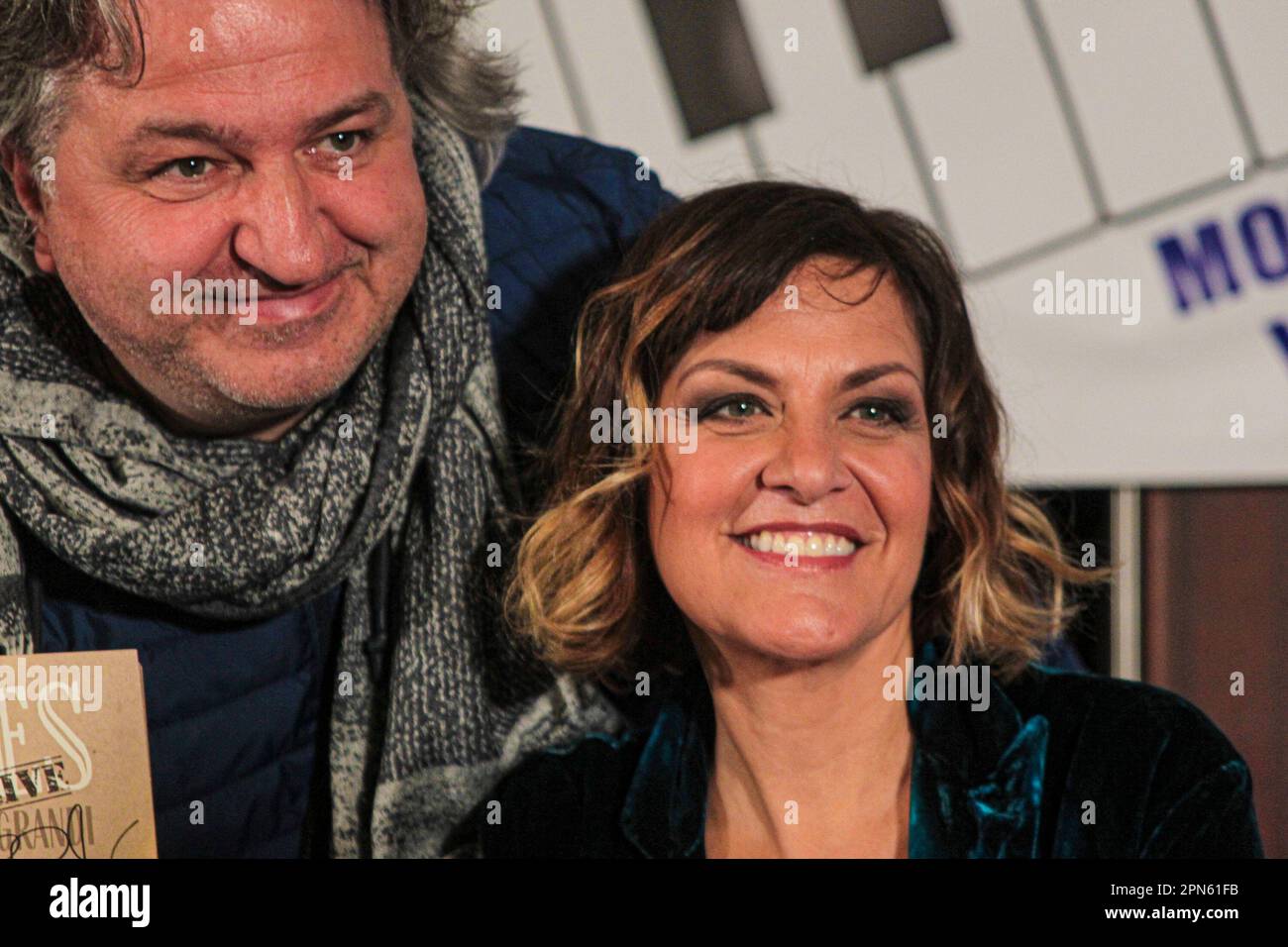 April 16, 2023, Rome, Lazio, Italy: Second day of the 37th edition of Musicday - Vinyl Fair at the Hotel Mercury in Rome. The presentation of the reissue of Armando Trovajoli's album ''In the Name of the Lord'' took part. Guests at the photocall: Mariapaola Trovajoli, Franco Bixio, Dario Salvatori, Maurizio Abeni, Fabio Frizzi, Massimo Buffa, Claudio Fuiano. Moderator Renato Marengo. In the afternoon presentation of Irene Grandi's record with signature/copies, ''Io in Blues''. Following the presentation with the Venus of Disgrace of the CD ''Dancefloor Nostalgia'': The day ends with the absolu Stock Photo