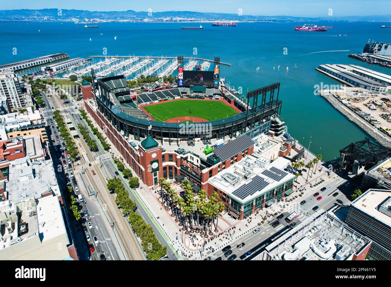 Oracle Park, home of the San Francisco Giants from above before a game against the PIttsburgh Pirates. Best ballpark in baseball. Stock Photo