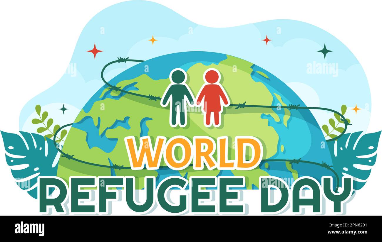 World Refugee Day on 20 June Vector Illustration with Immigration Family and Their Kids Walking Seek Home in Flat Hand Drawn Wire Fence Templates Stock Vector