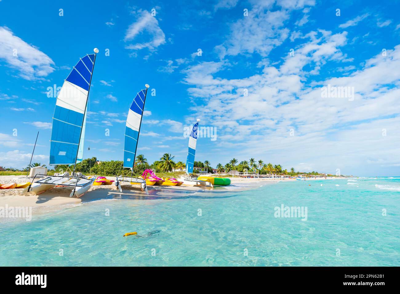beautiful paradise beach of Varadero in Cuba on a sunny summer day. Beautiful seascape with clear turquoise water. sailing ships are parked on the san Stock Photo
