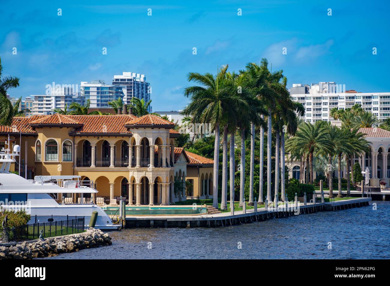 Fort Lauderdale, FL, USA April 16, 2023 Image of luxury waterfront mansions in Fort