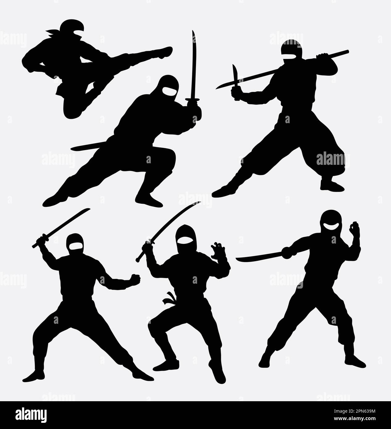Ninja japanese warrior silhouettes. Good use for symbol, logo, web icon, mascot, or any design you want. Easy to use. Stock Vector