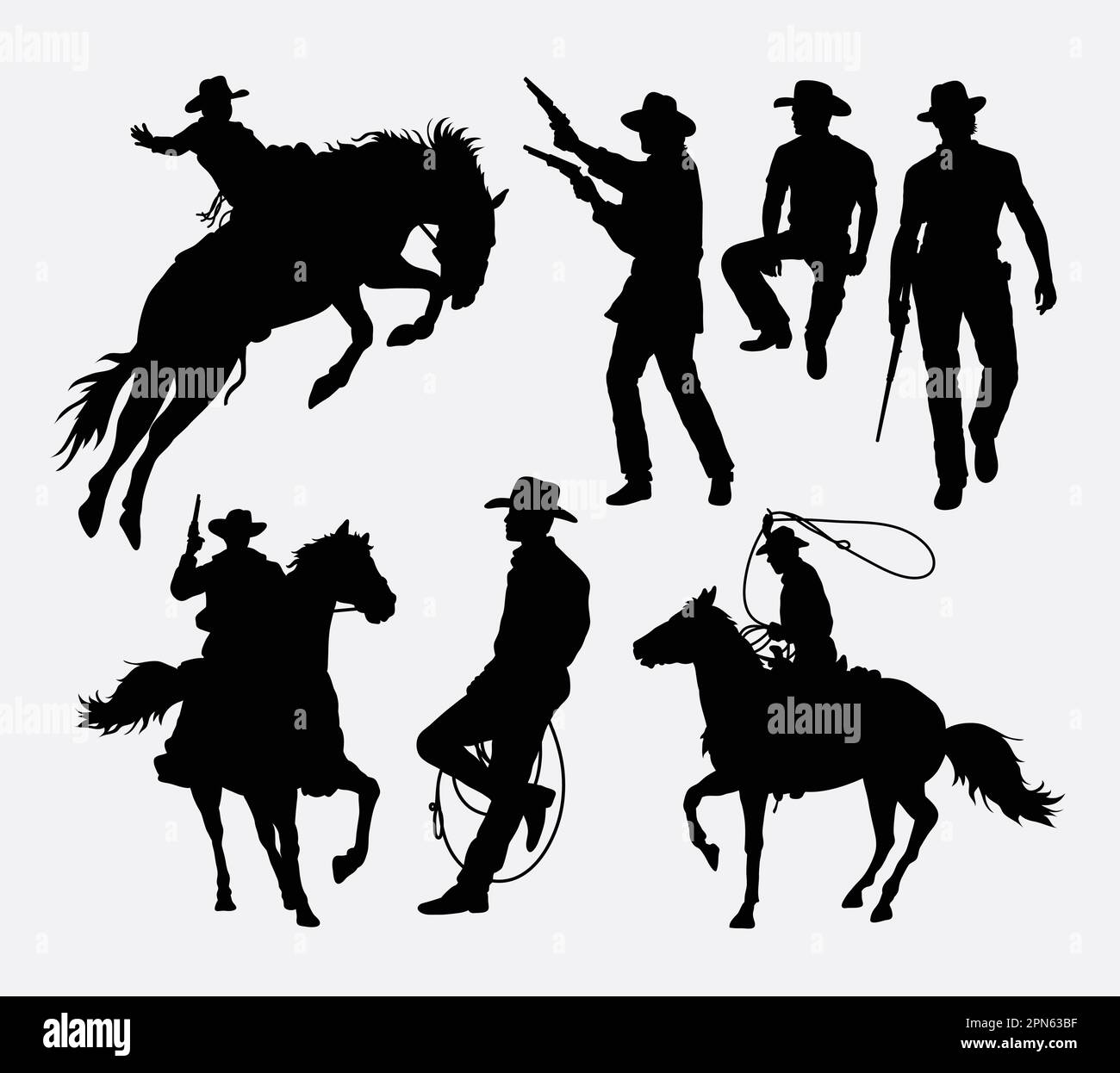 Cowboy activity silhouettes. Good use for symbol, logo, web icon, mascot, or any design you want. Easy to use. Stock Vector