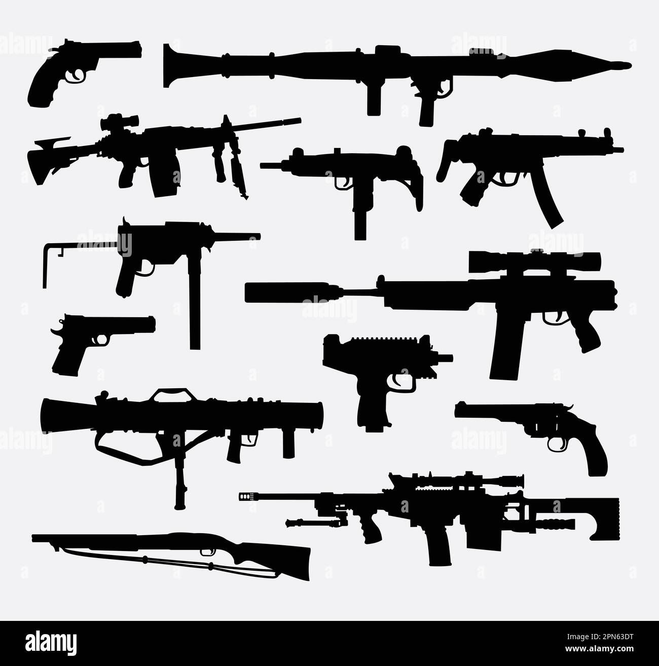 Gun weapon silhouettes. Good use for symbol, web icon, logo, mascot, or any design you want. Easy to use. Stock Vector