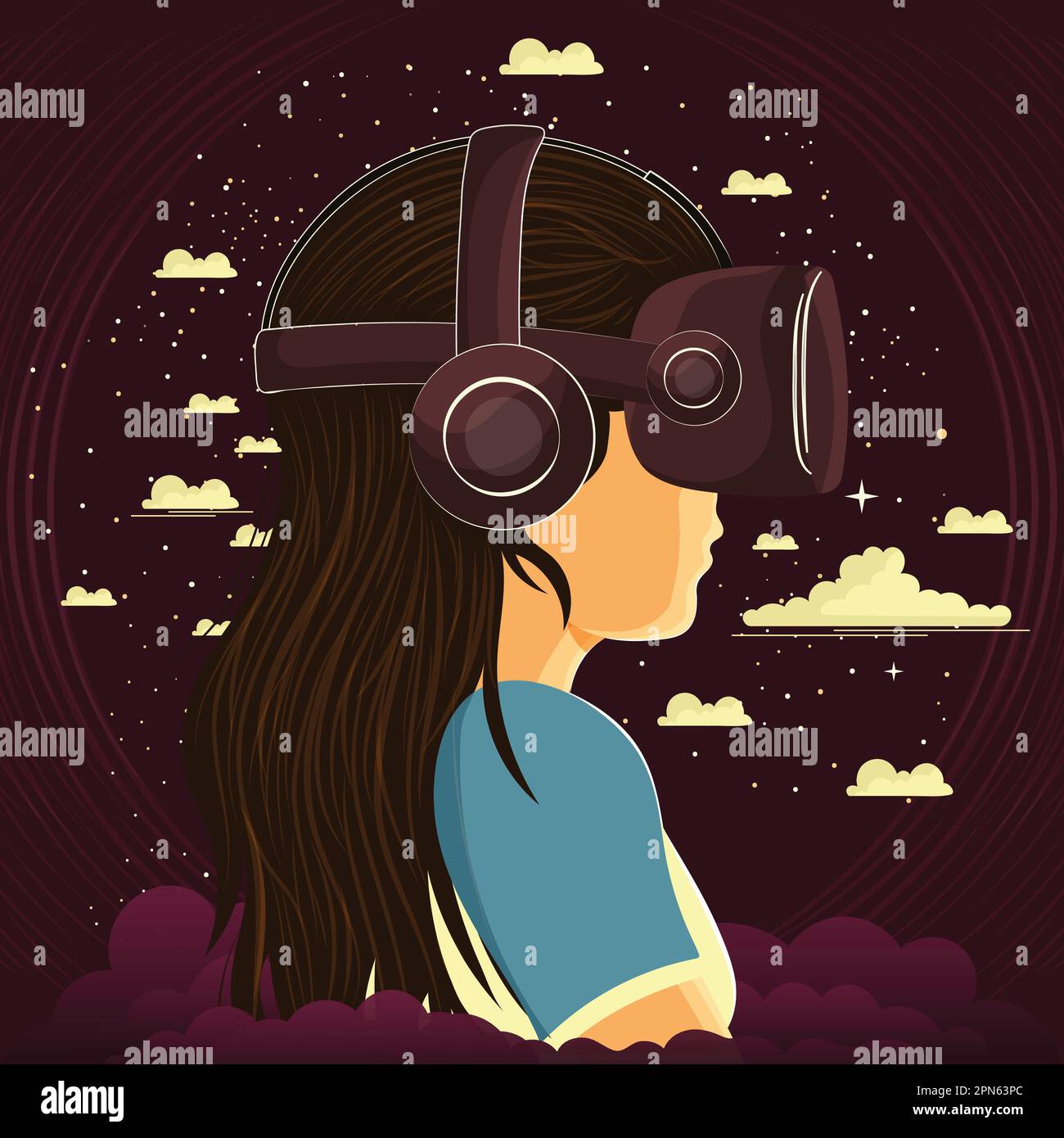 Young Girl Character Wearing VR Headset On Dark Pink Clouds Background. Stock Vector