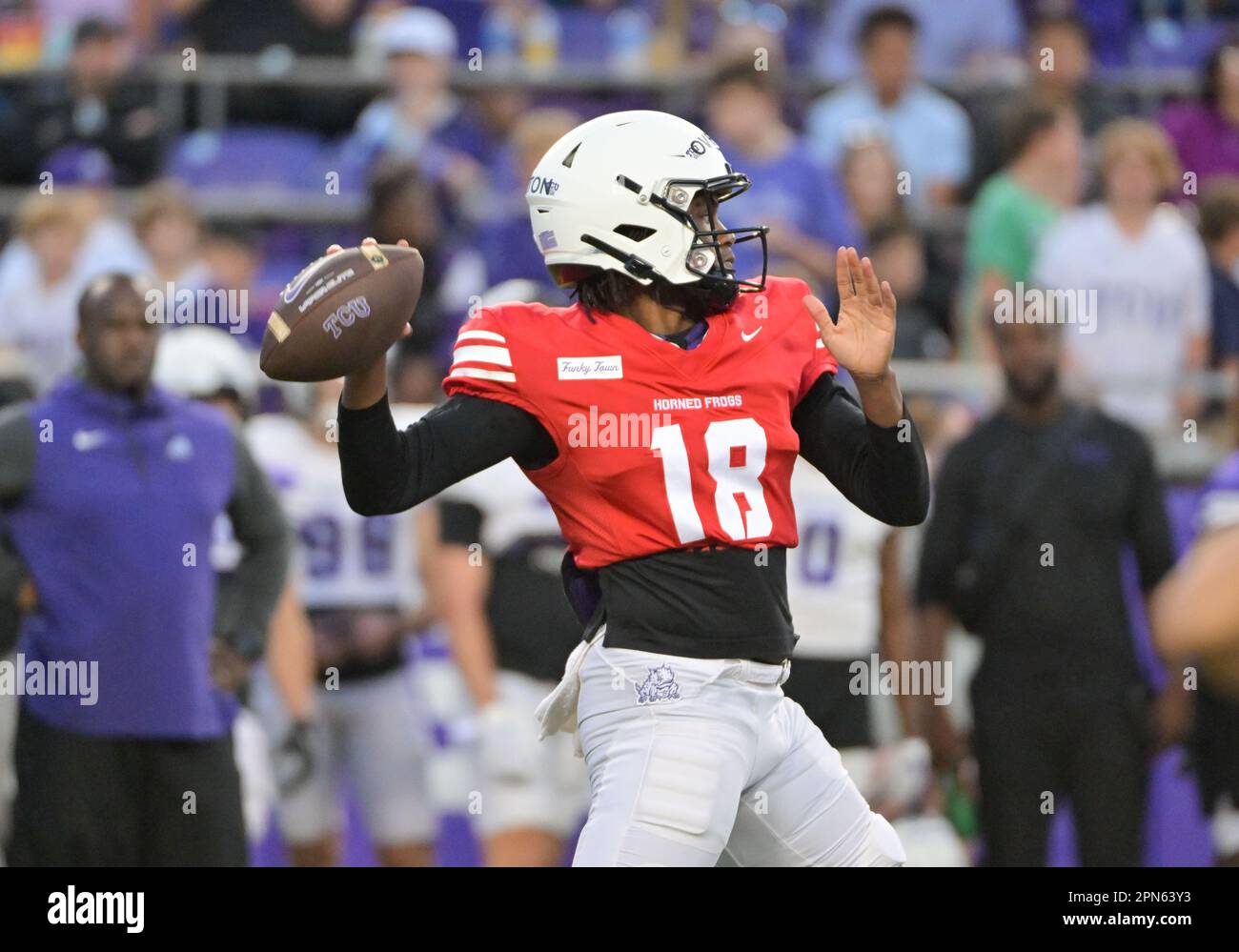 Fort Worth, Texas, USA. 14th Apr, 2023. TCU Horned Frogs quarterback