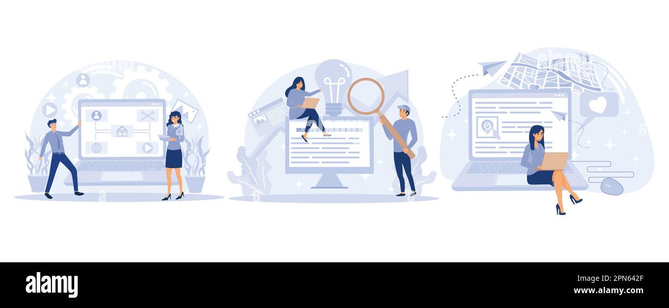 Website optimization concept, Sitemap creation, copy optimization, click tracking, SEO analytics software, online business, target keyword, set flat v Stock Vector