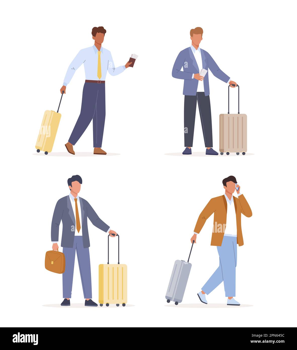 Businessmen on a business trip with suitcases. Set of male characters wear suit walk with luggage, passport, ticket Stock Vector