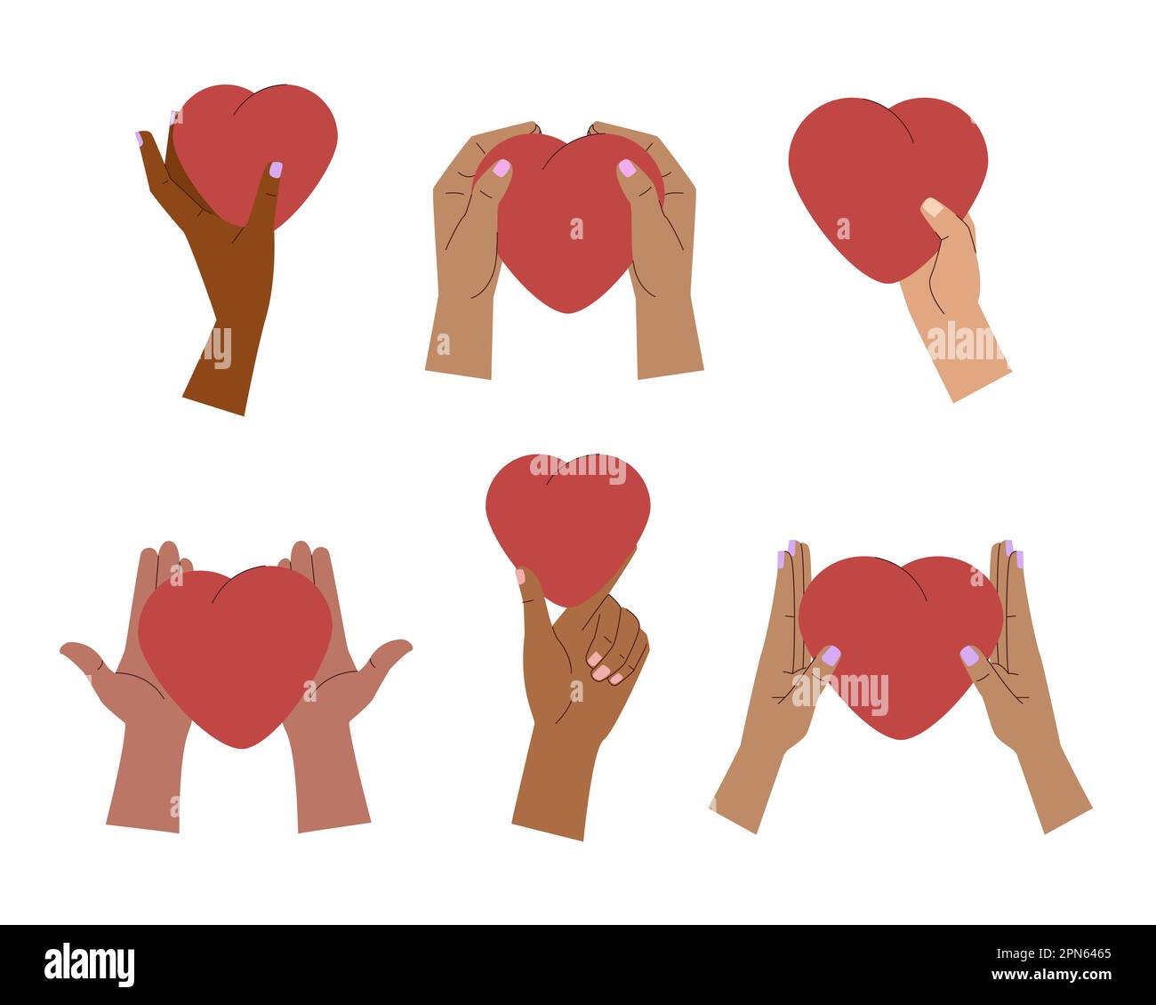 Womens hands hold red hearts. Concept of sharing love with people Stock Vector