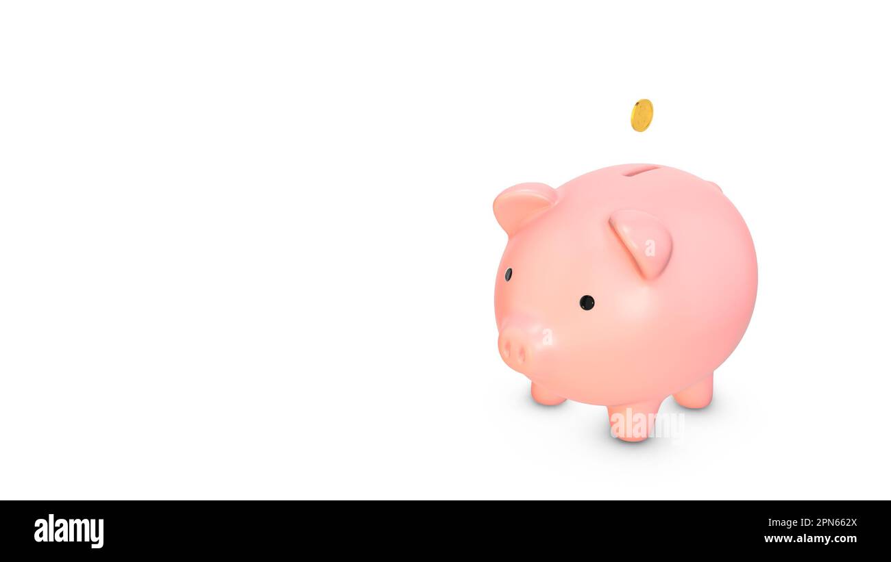 Money falling into piggy bank making it to grow bigger. Money saving concept. Stock Photo