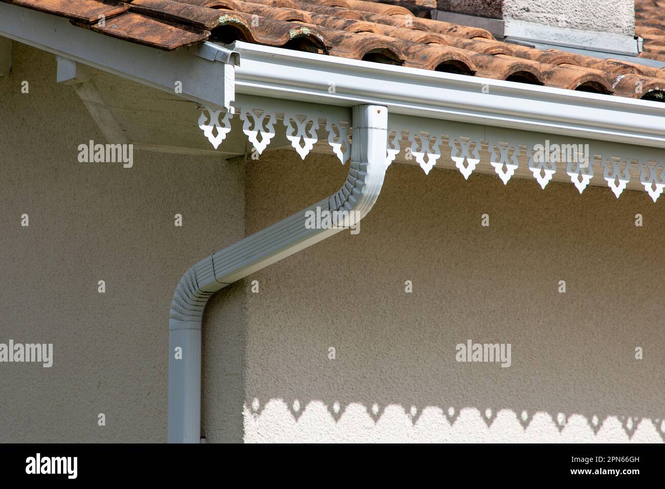 white gutter guard system roof drip edge with design decoration under roof on modern home