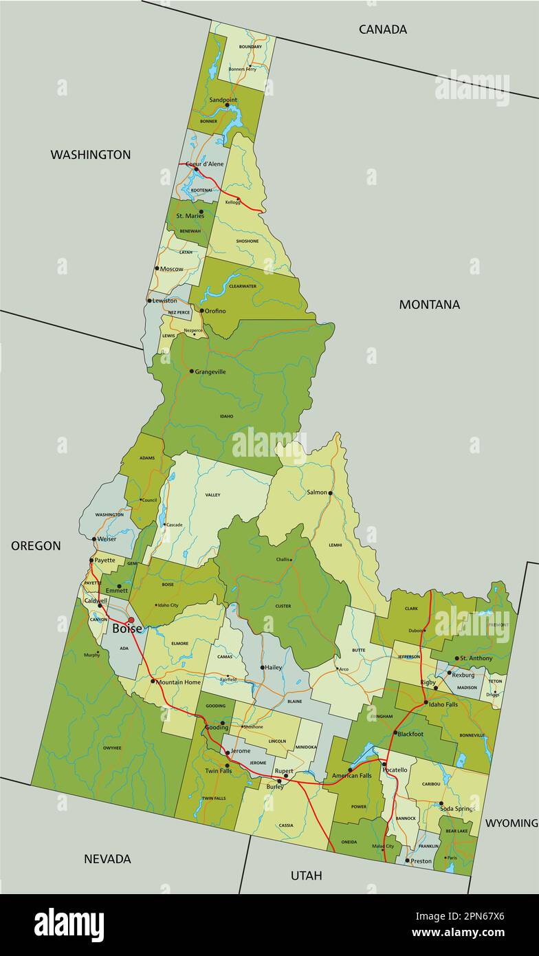 Highly detailed editable political map with separated layers. Idaho ...