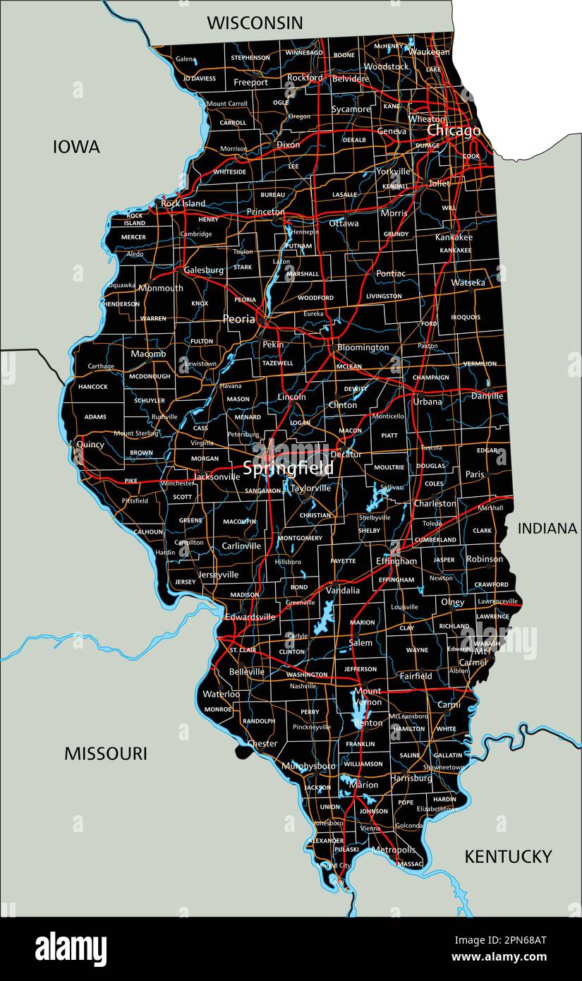 High Detailed Illinois Road Map With Labeling Stock Vector Image Art   High Detailed Illinois Road Map With Labeling 2PN68AT 