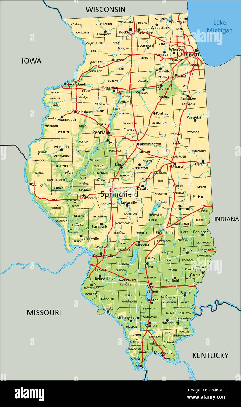 High Detailed Illinois Physical Map With Labeling Stock Vector Image High Detailed Illinois Physical Map With Labeling 2PN68CH