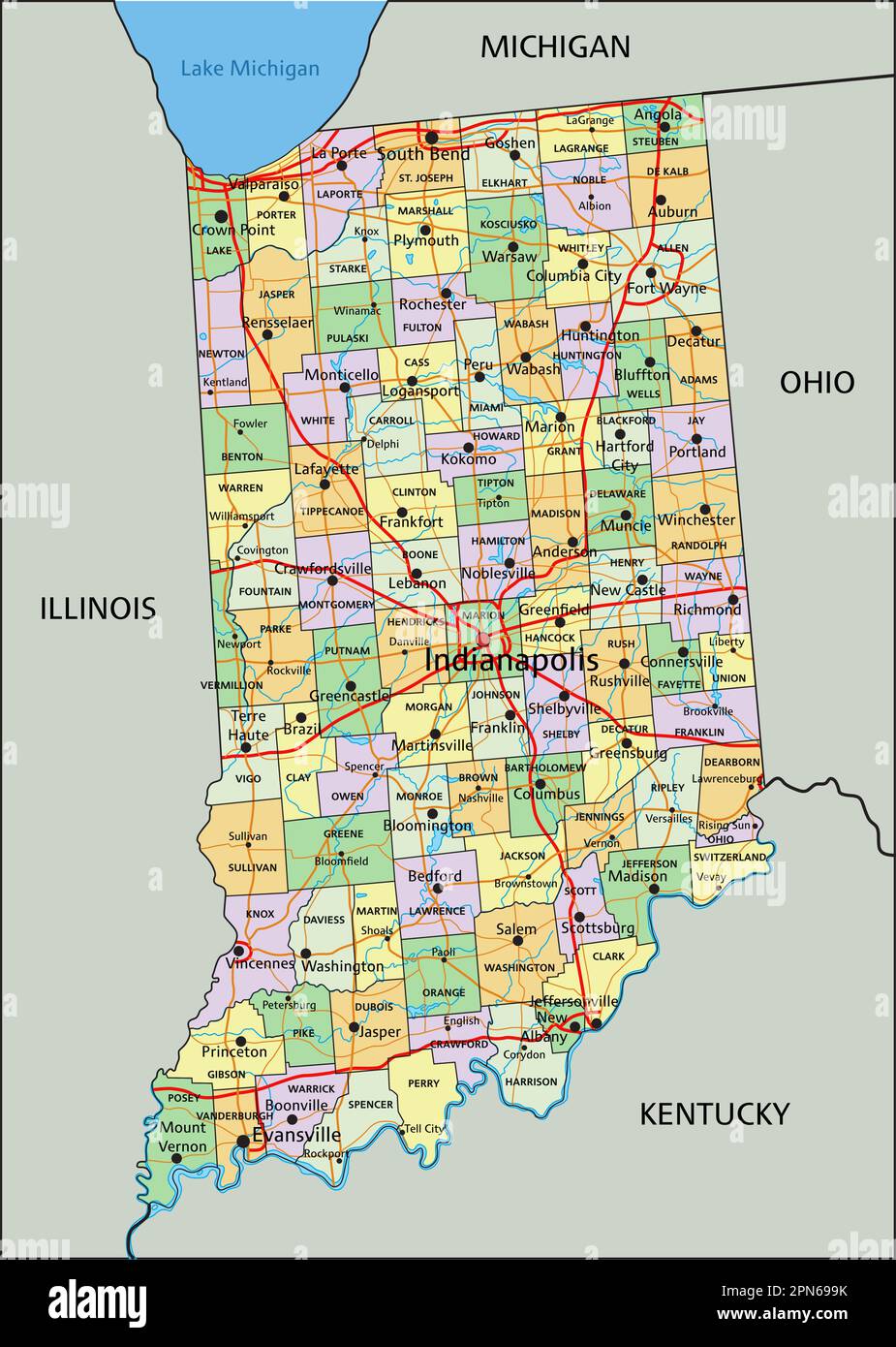 Indiana - Highly detailed editable political map with labeling Stock ...