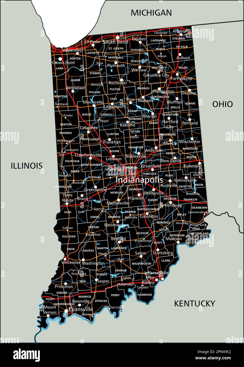 High detailed Indiana road map with labeling Stock Vector Image & Art