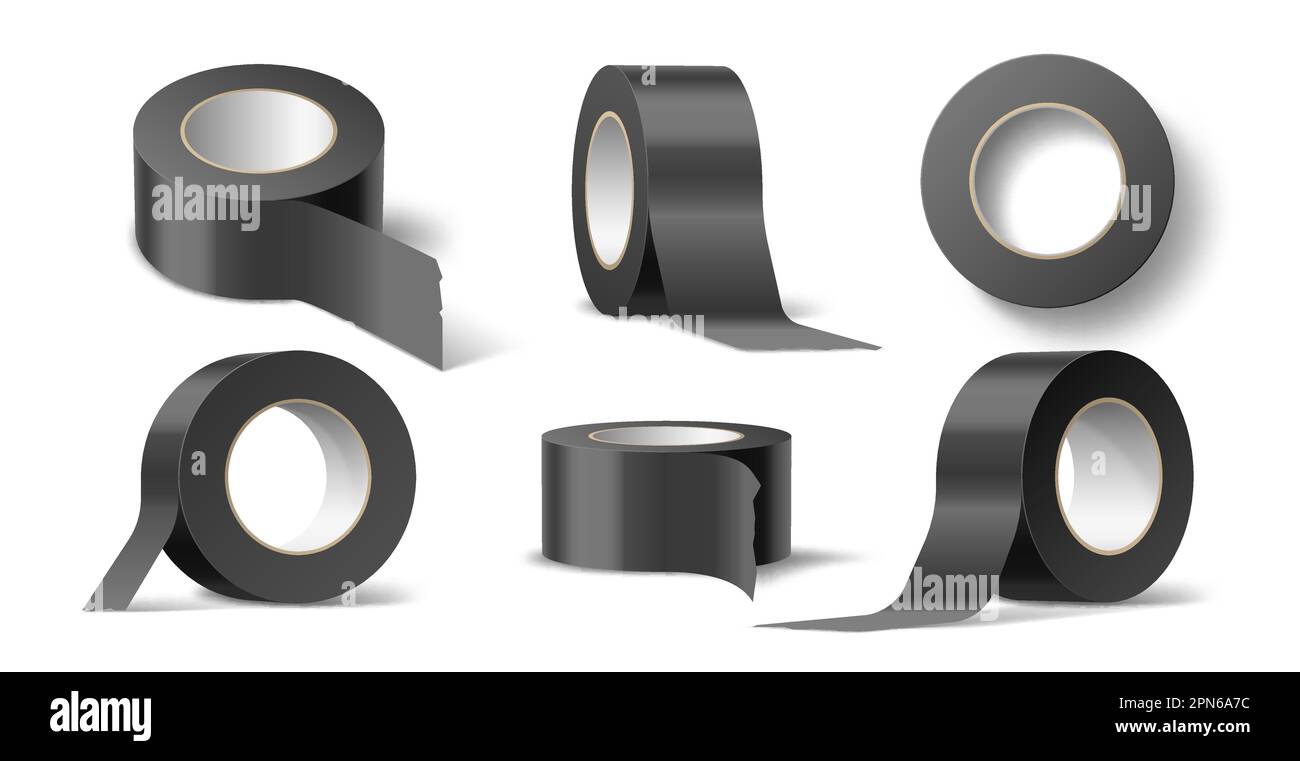 Black electrical tape. Realistic self adhesive tape rolls, sticky