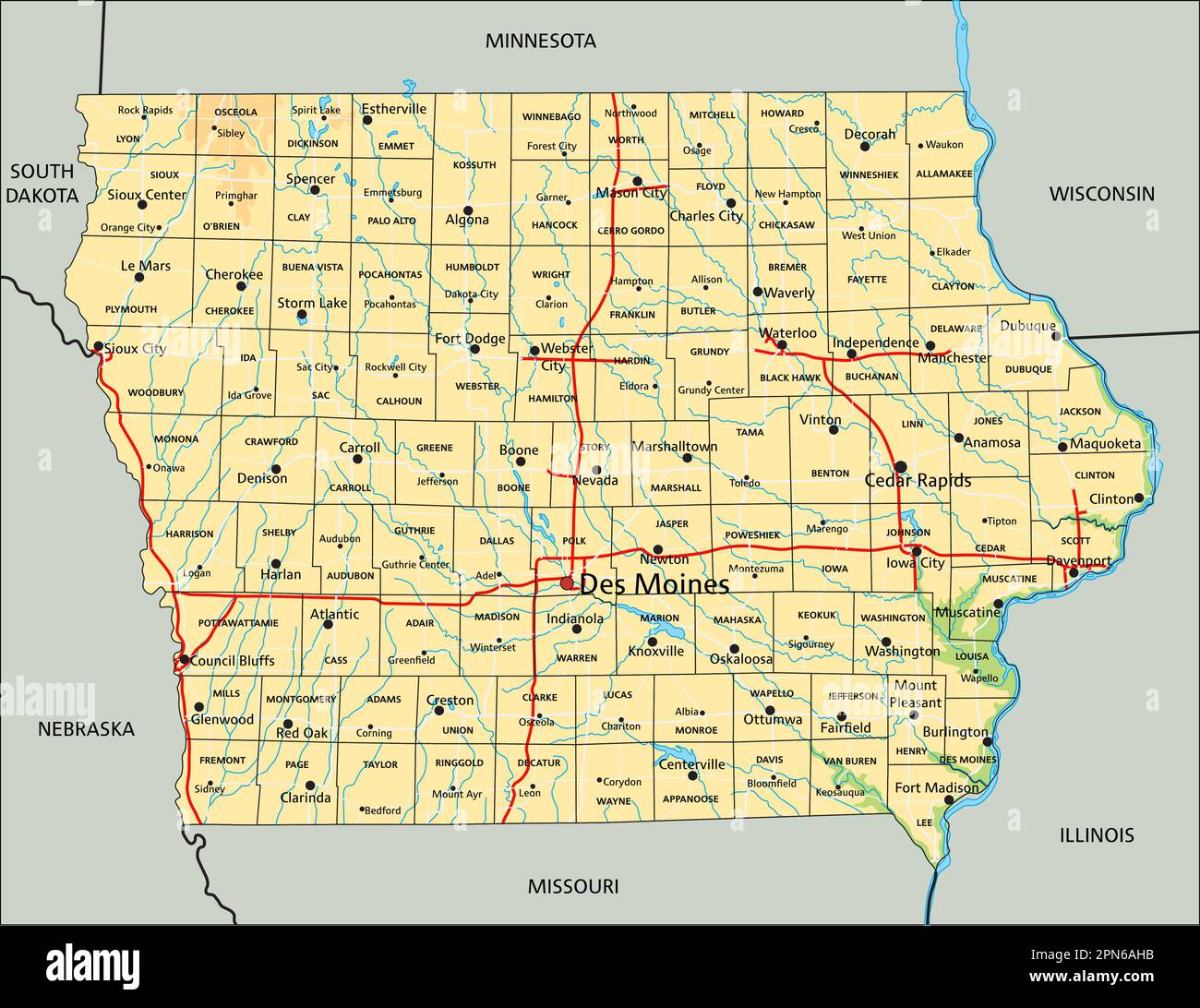 High detailed Iowa physical map with labeling Stock Vector Image & Art Alamy
