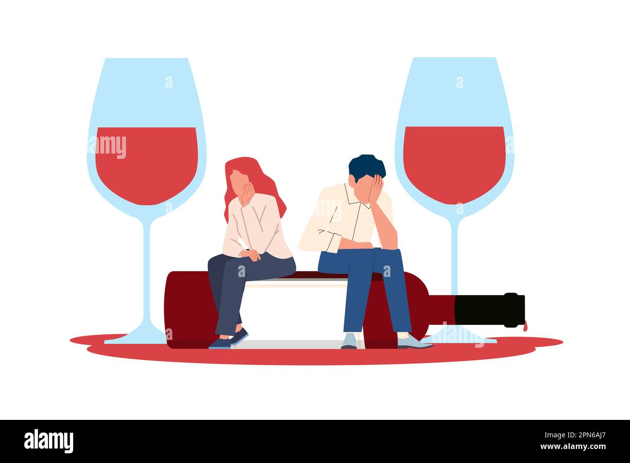 Concept of alcohol addiction, man and woman sitting on bottle of wine. Young characters drinking, sad people pernicious habits. Cartoon flat Stock Vector