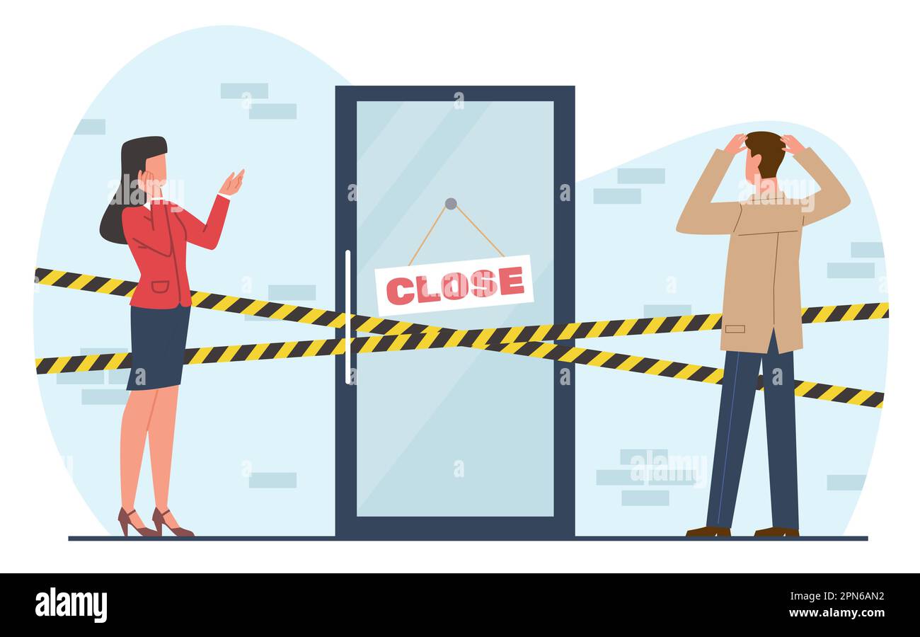 Disturbed man and woman stand near closed door in bewilderment. Locked