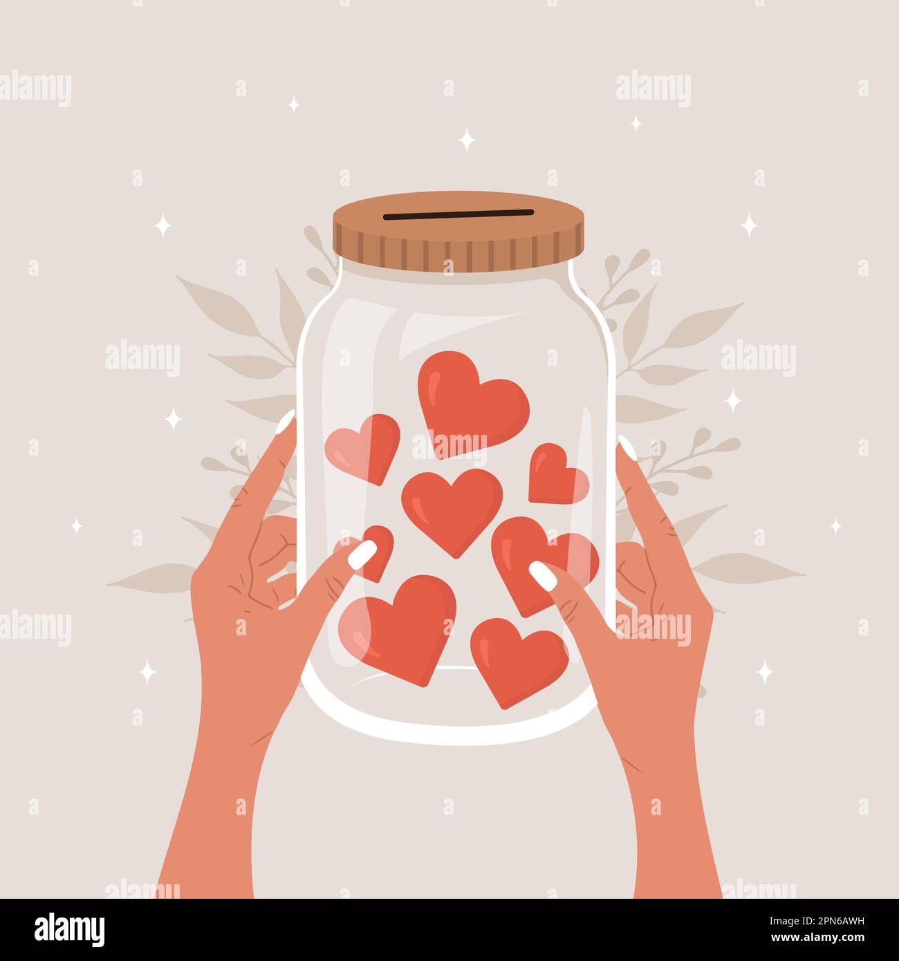 Donation glass jar. Female hands holding bottle with red hearts. Give