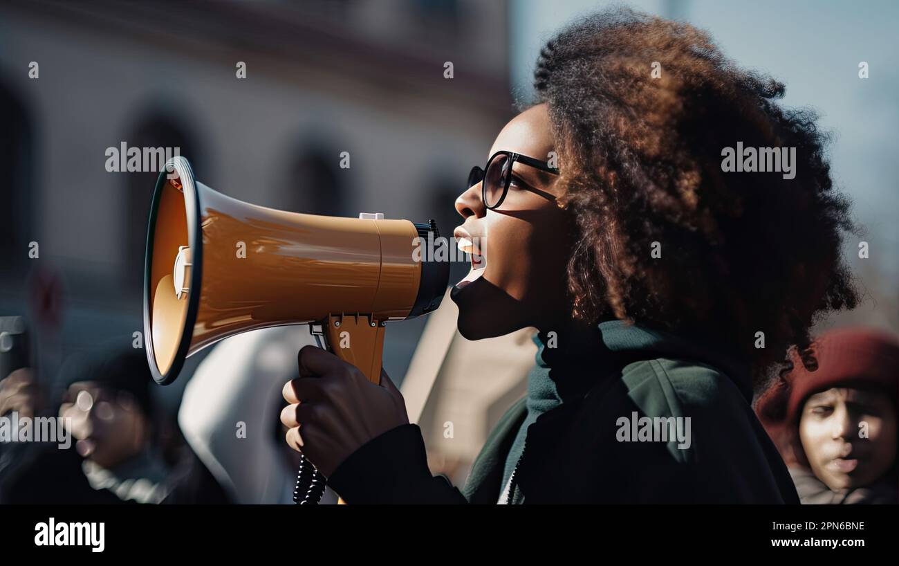 Human Rights Yellow woman of color with yellow megaphone at a march, human, gender race ...