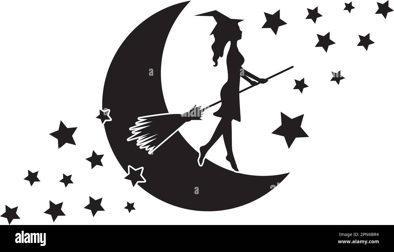 Witch Silhouette Flying With A Broom On The Moon Vector Cartoon