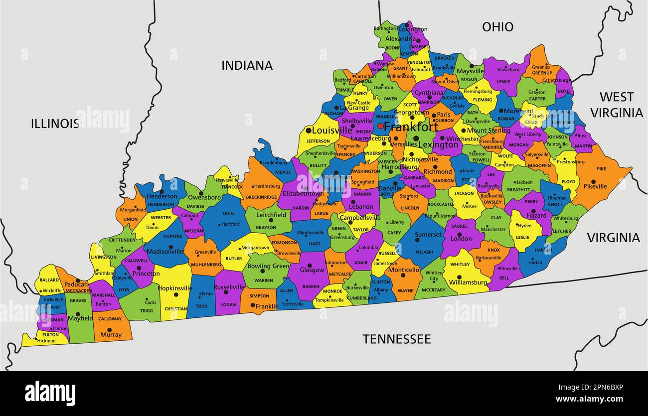 Colorful Kentucky political map with clearly labeled, separated layers. Vector illustration