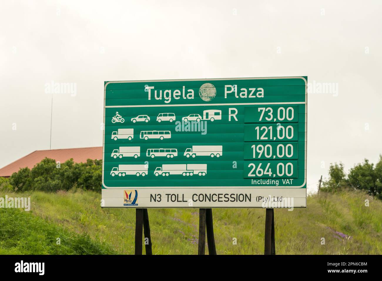 Tugela Plaza tariff board showing cost or charge per vehicle on toll road or N3 highway in South Africa Stock Photo