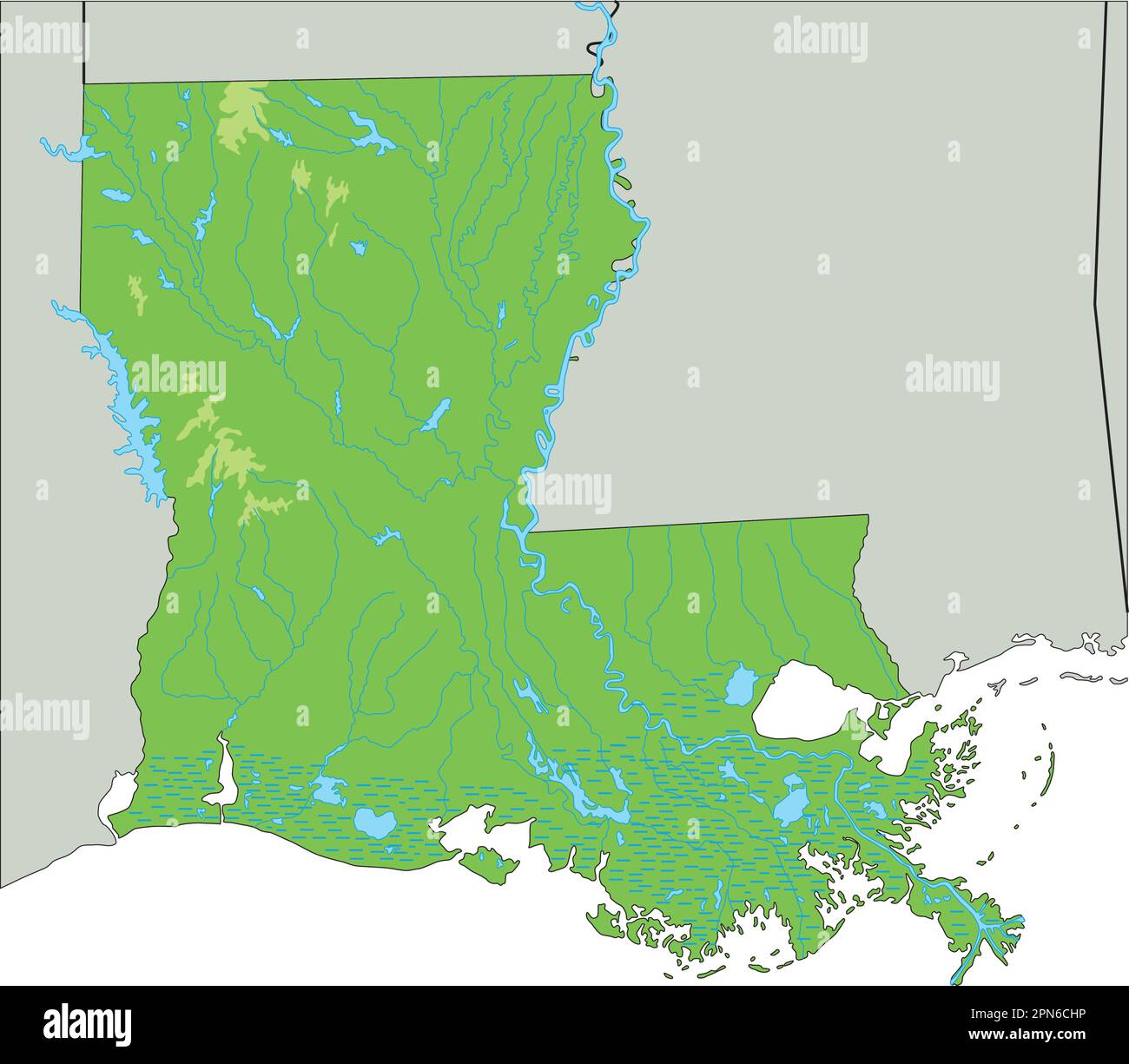 High detailed Louisiana physical map. Stock Vector