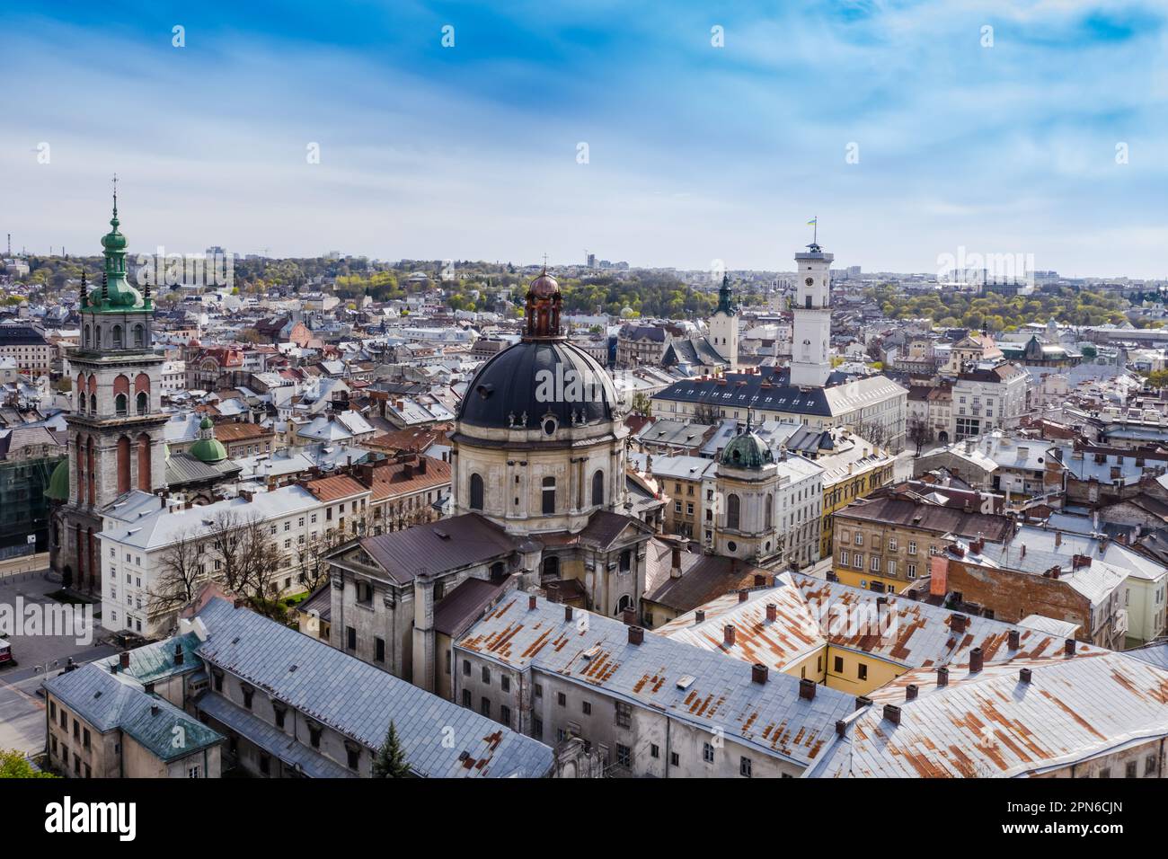 Aerial view of a stunning European cityscape featuring a prominent domed structure and several tall spires Stock Photo