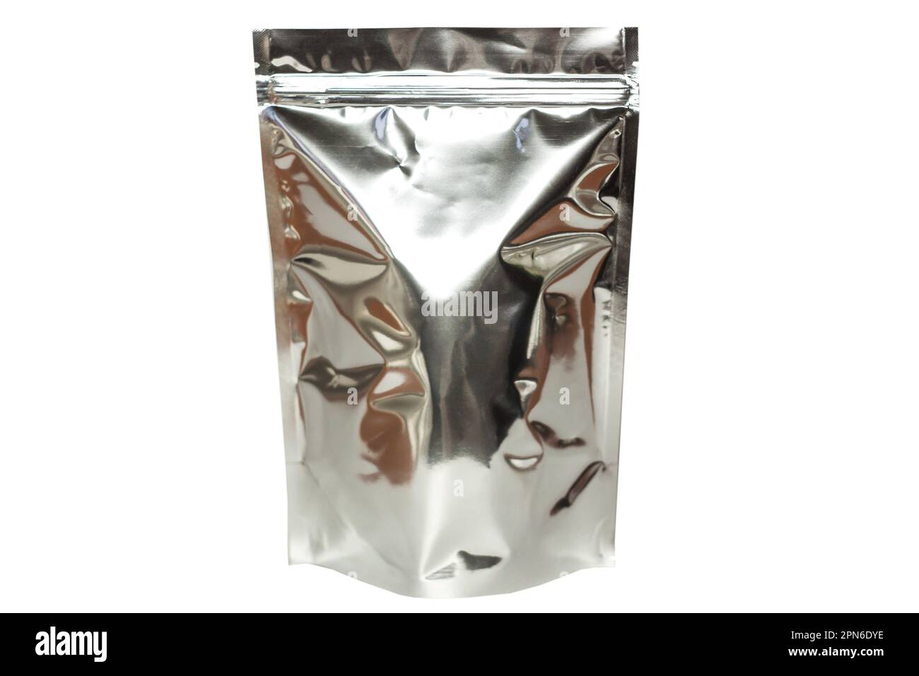 Blank silver foil pouch bag isolated on white background. Packaging template mockup collection with clipping path included. Aluminium metallic coffee Stock Photo