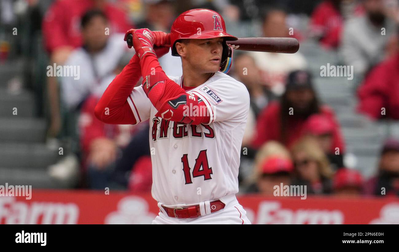 Baseball: Nationals vs. Angels Logan O Hoppe of the Los Angeles Angels  celebrates with a samurai