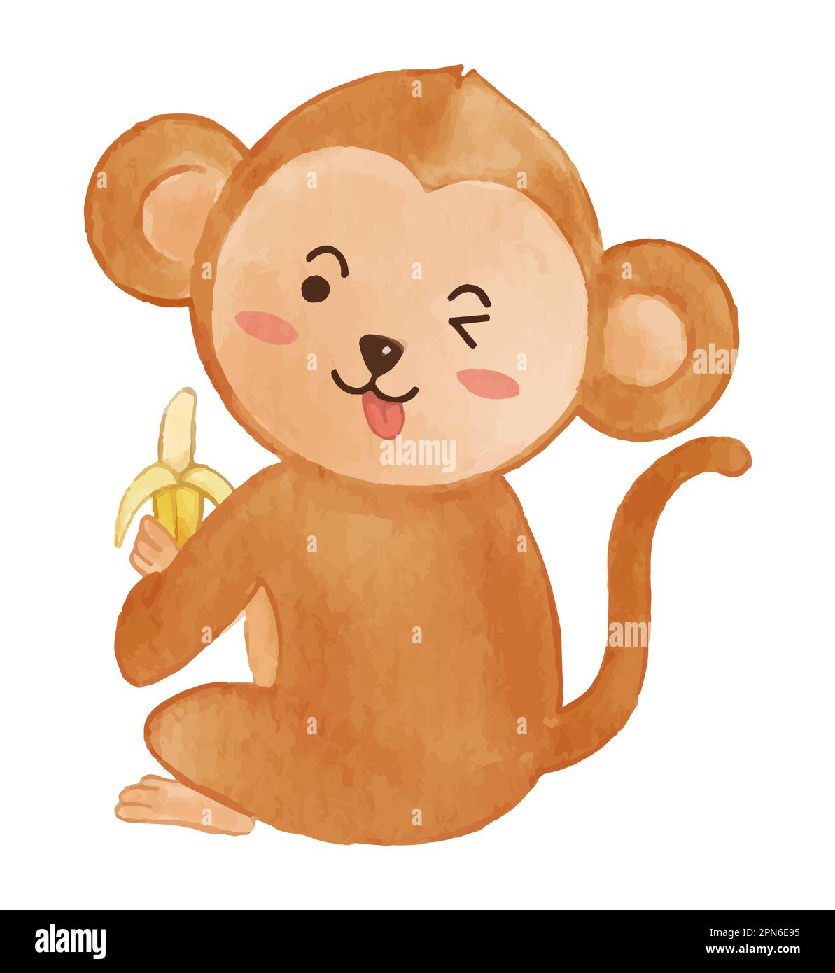 Monkey is eating banana . Watercolor paint design . Cute animal cartoon character . Vector . Stock Vector