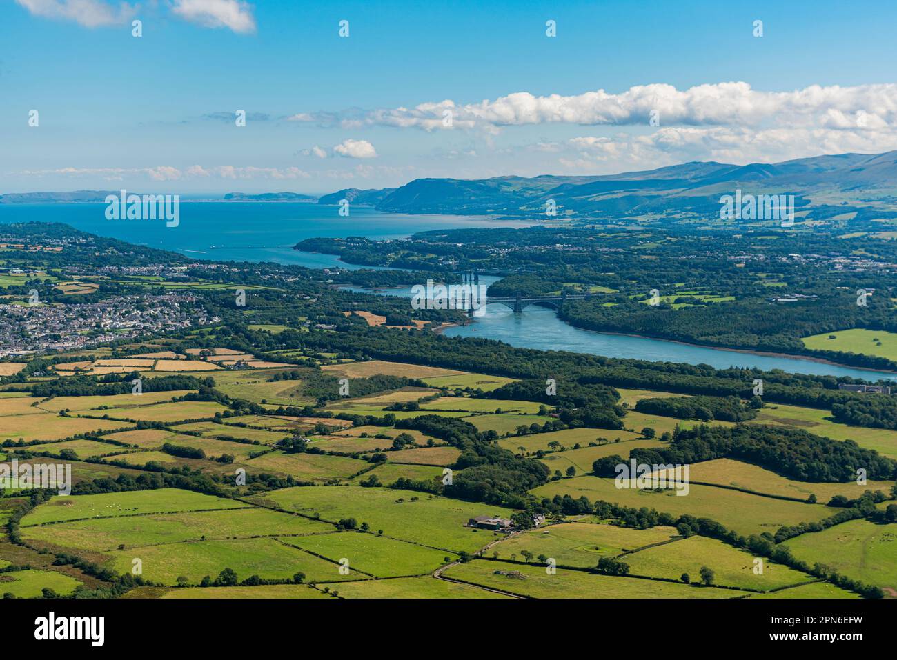 Aerial views over the Menai Straights, North Wales: Phillip Roberts Stock Photo