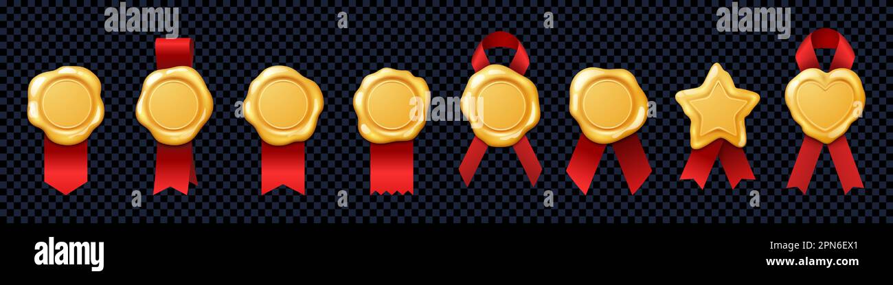 Gold wax stamp with ribbon vector certificate badge. Diploma medal seal in yellow and red isolated on transparent background. Golden circle tag award for best quality or exclusive warranty offer. Stock Vector