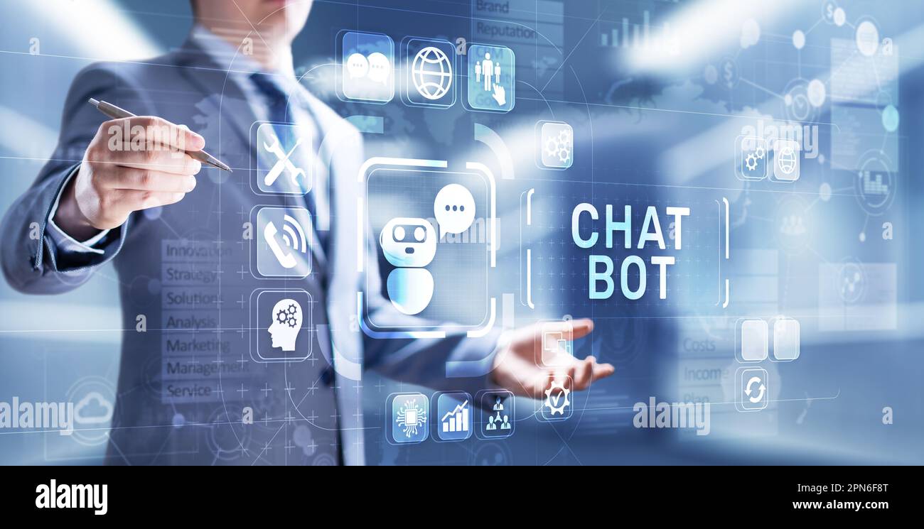 Chatbot computer program designed for conversation with human users over the Internet. Support and customer service automation technology concept. Stock Photo