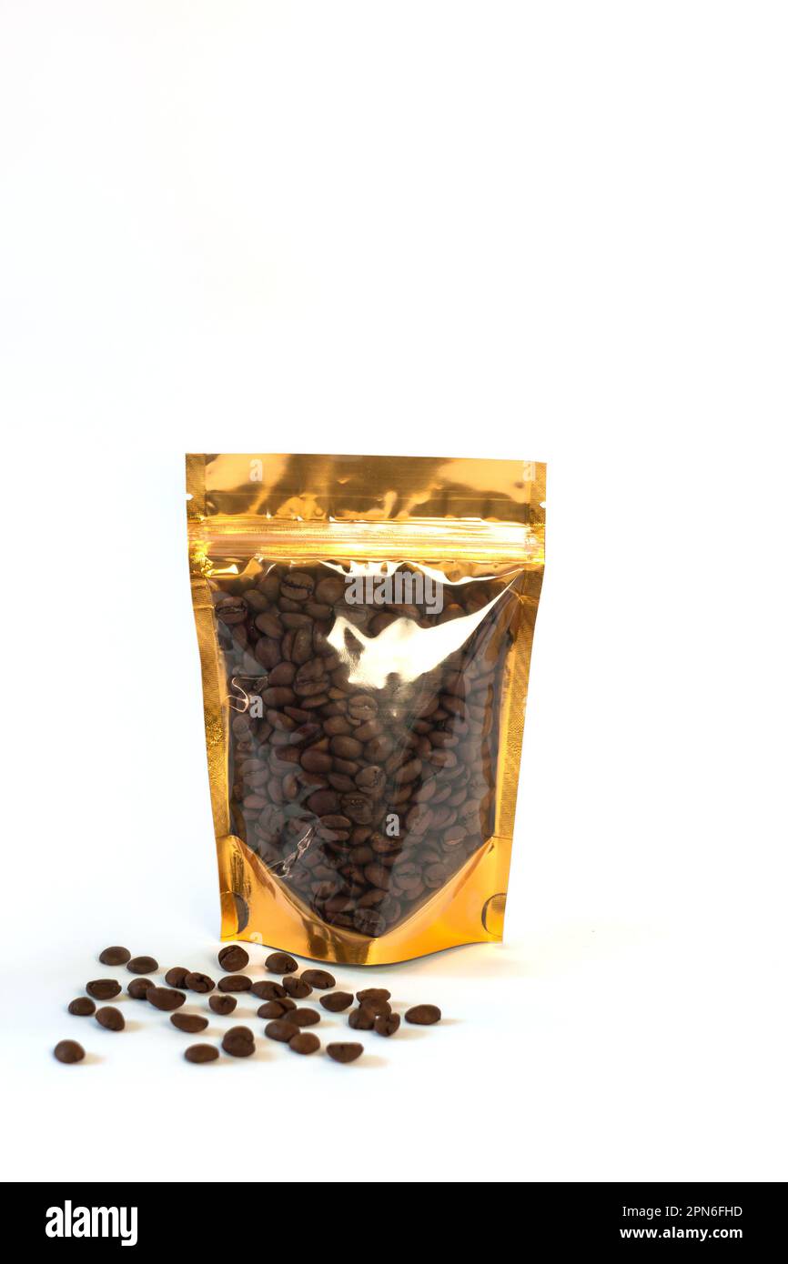 Golden metallized foil pouch bags with window front view isolated on a