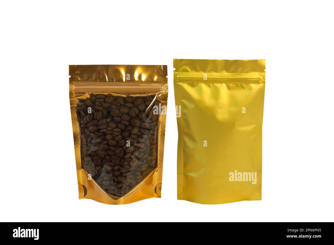Golden metallized foil pouch bags with window isolated on white