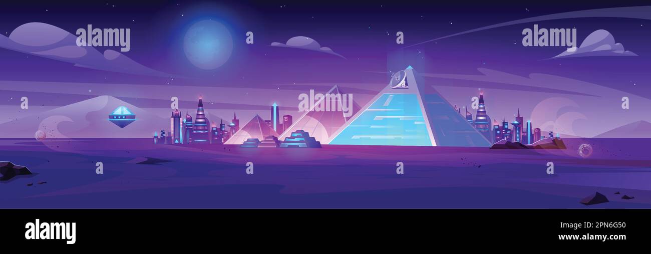 Night futuristic neon Egypt city with pyramid background. Dark cyber ...