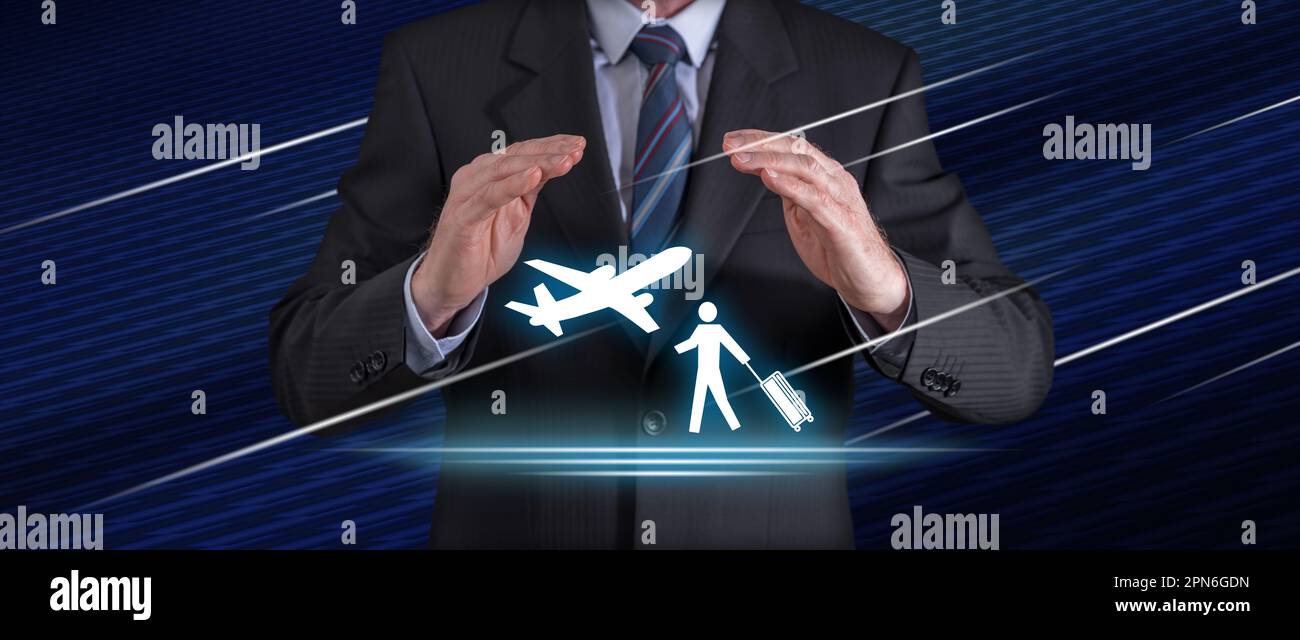 Travel insurance concept with businessman in a protective gesture Stock Photo