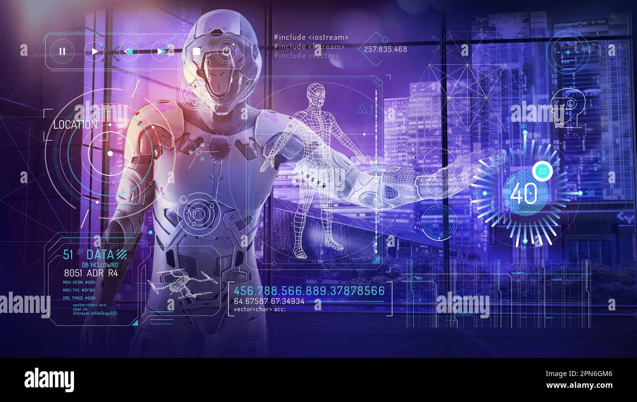 Drones and virtual reality infographic on scifi background Stock Photo