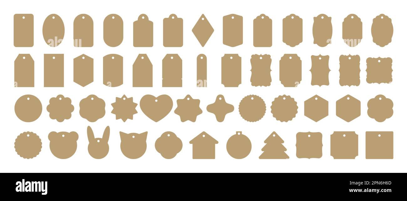 Big set of vector cardboard gift tags, name card, discount label. Templates for cookie cutters or vintage labels. Kraft paper or cardboard label for Stock Vector