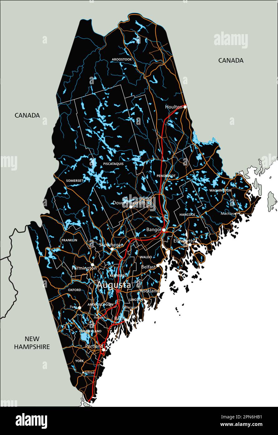 High detailed Maine road map with labeling. Stock Vector