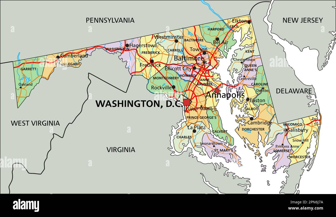 Maryland - Highly detailed editable political map with labeling Stock ...