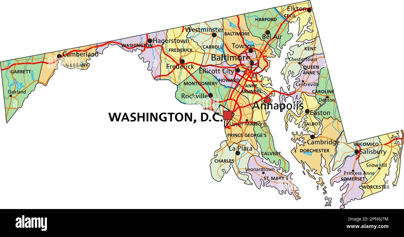 Maryland Highly Detailed Editable Political Map With Labeling Stock Maryland Highly Detailed Editable Political Map With Labeling 2PN6J7M