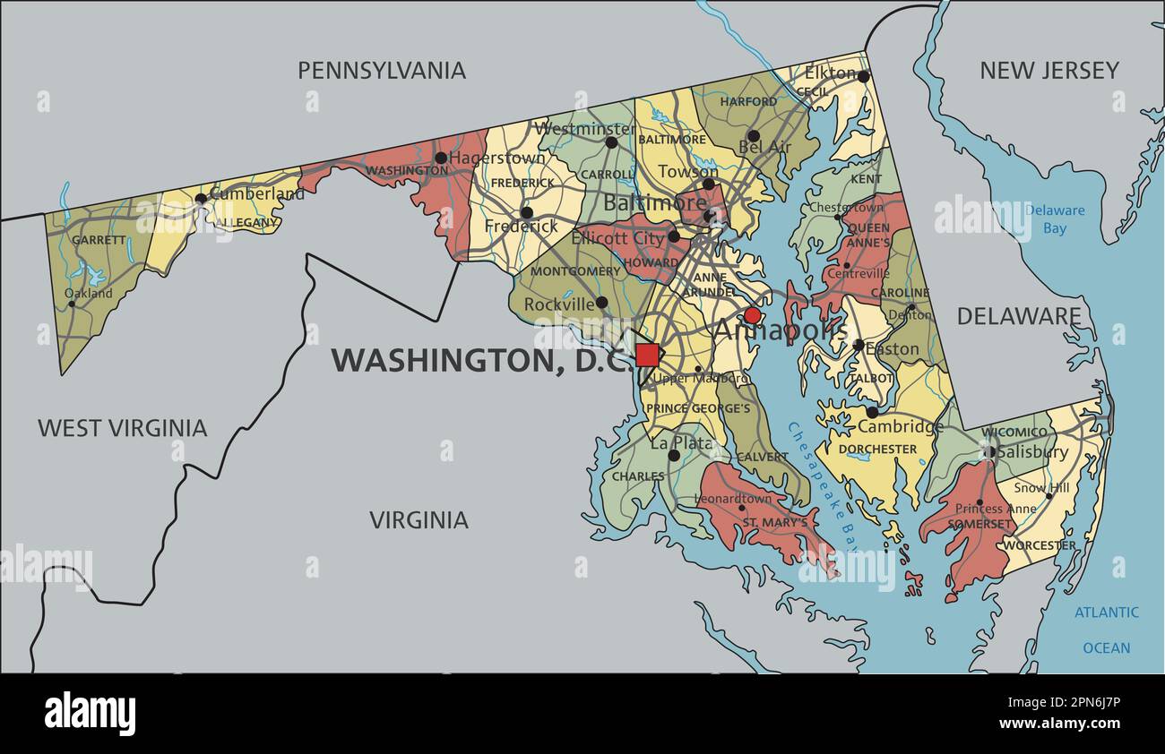 Maryland Highly Detailed Editable Political Map With Labeling Stock Maryland Highly Detailed Editable Political Map With Labeling 2PN6J7P